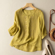 Tops Tees T-Shirt Pullover Tunic Blouse Floral Crochet 3/4 Sleeve Yellow - £7.04 GBP