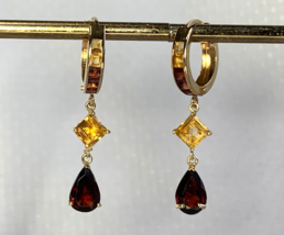 14K Yellow Gold Earrings 3.04g Fine Jewelry Garnet &amp; Citrine Colored Stones Drop - £205.57 GBP