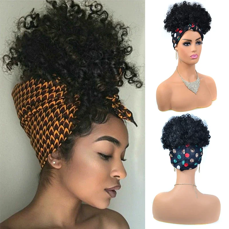 Fluffy Headband Wigs for Black Women Short Afro Kinky Curly Headwrap Wig Hi - £20.56 GBP+