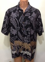 Hilo Hattie XL Black Gray Hibiscus Brown Palm Trees Hawaiian Cotton Shirt - £22.29 GBP
