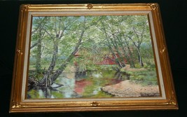 Vtg Mae Beck Painting Oil On Canvas Covered Bridge Fishing Boy Ma Nh Ny Pa Mi Ao - £724.03 GBP