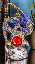 Blue Rune Dragon Guarding Ancient Relic Ruins With Red Crystal Gem Figurine - £12.63 GBP