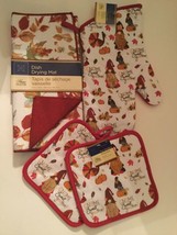 Winter kitchen 4pc set dish mat oven mitt pot holder fall gnome turkey p... - £14.68 GBP