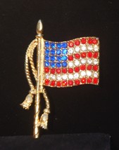 American Flag Brooch Pin Red White Blue Rhinestones Jewelry Vintage - $9.89