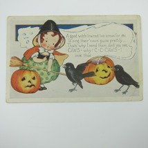 Vintage Halloween Postcard Girl Witch Jack-O-Lantern Pumpkin Black Crows Whitney - £31.46 GBP