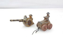 2 Lead Army Figures Man With Cannon &amp; Man On Transport With Wood Wheels - $14.84
