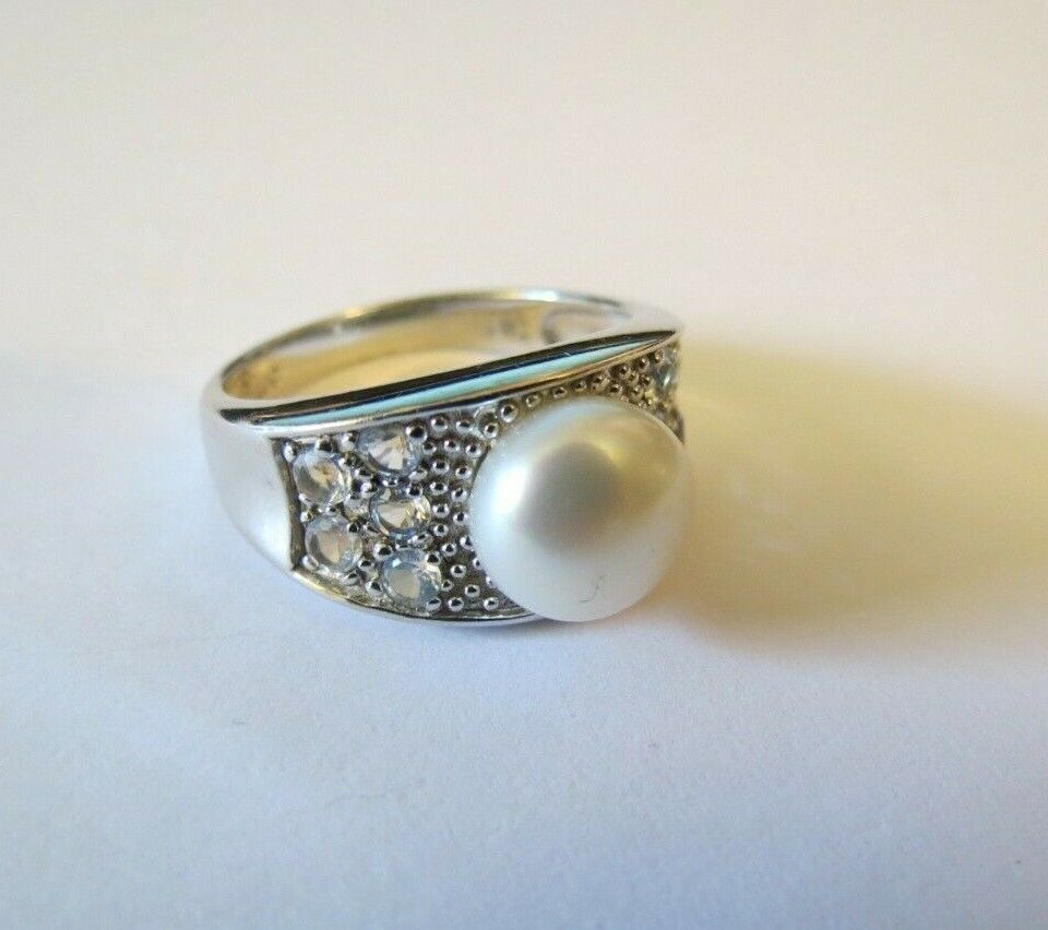 Sterling Silver Ring Faux Pearl Size 8 Rhinestones Signed LUC 925 Wide Band NWOT - $34.99