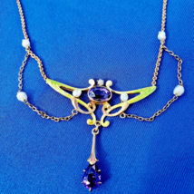 KREMENTZ Diamond Amethyst Nouveau Necklace Antique Deco Guilloche Enamel 14k - £3,347.90 GBP