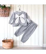 Girls Gray and White Big Bow Split Long Sleeve Top and Joggers Set - £20.53 GBP