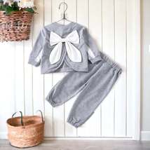 Girls Gray and White Big Bow Split Long Sleeve Top and Joggers Set - £20.72 GBP