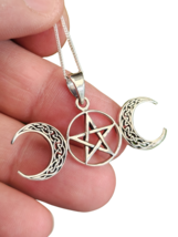 Triple Moon Pentacle Pendant Necklace Celtic 925 Silver Silver Goddess &amp; Boxed - £33.02 GBP