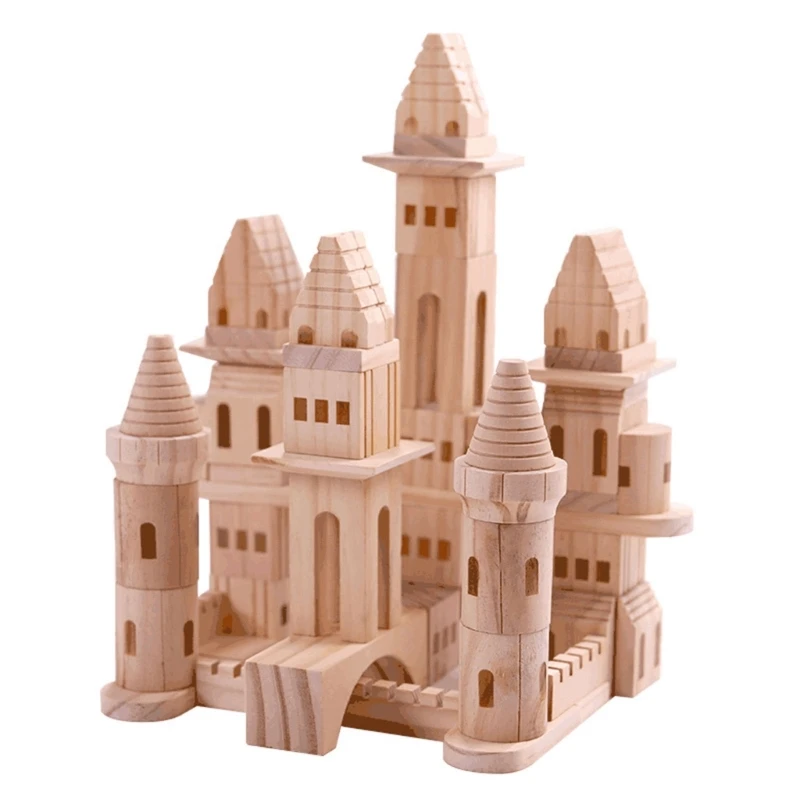 Wood Block Castle Building Toy Montessori Stacking Toy for 3 4 5 Years Old Kids - £52.80 GBP