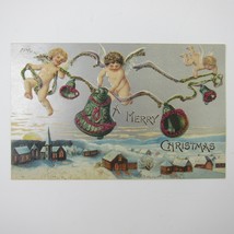 Christmas Postcard Cherub Angels Bells Snow Town Silver Embossed Glitter Antique - £15.23 GBP