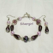 Plum Pudding Pearl Floral Lampwork Bracelet &amp; Earring Set - £19.98 GBP