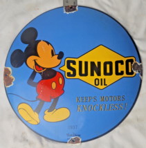 Vintage Sunoco Disney Mickey Mouse Porcelain Sign Pump Plate Gas Station Oil 2 - £59.35 GBP