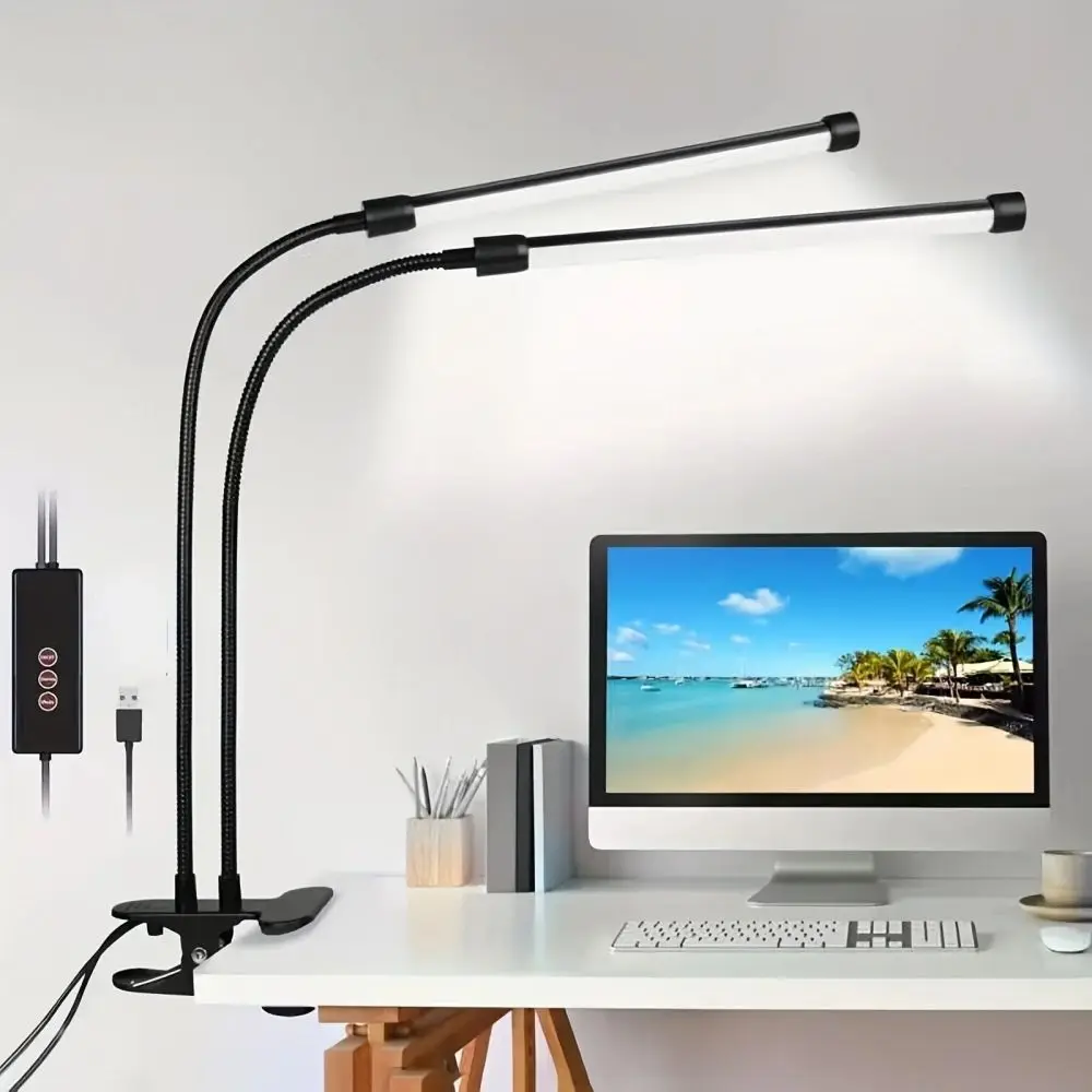 LED Desk Lamp Double/Single Head Reading Table Lamp With Clip Dimmable - $21.28