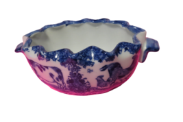 Vtg 1960s Chinese Blue White Porcelain Bowl Scalloped Edges Cow Theme 9&quot;L x 3&quot;T - $24.75