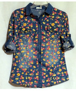 MULTICOLOR FLORAL DENIM ROLL TAB SLEEVES POCKETS BUTTON DOWN SHIRT TOP S - £7.81 GBP