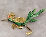 Goldtone and Green Red Rhinestone Roadrunner BIRD Brooch Pin Estate Jewelry - $15.67