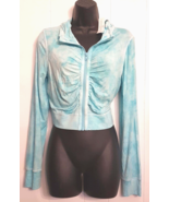 New Venus Cropped Ruched Hoodie Medium Aqua Blue Zip-Front Belly Button Shirt - $19.74