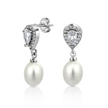 Dazzling Cubic Zirconia &amp; White Pearls Sterling Silver Wedding Drop Earrings - £16.71 GBP