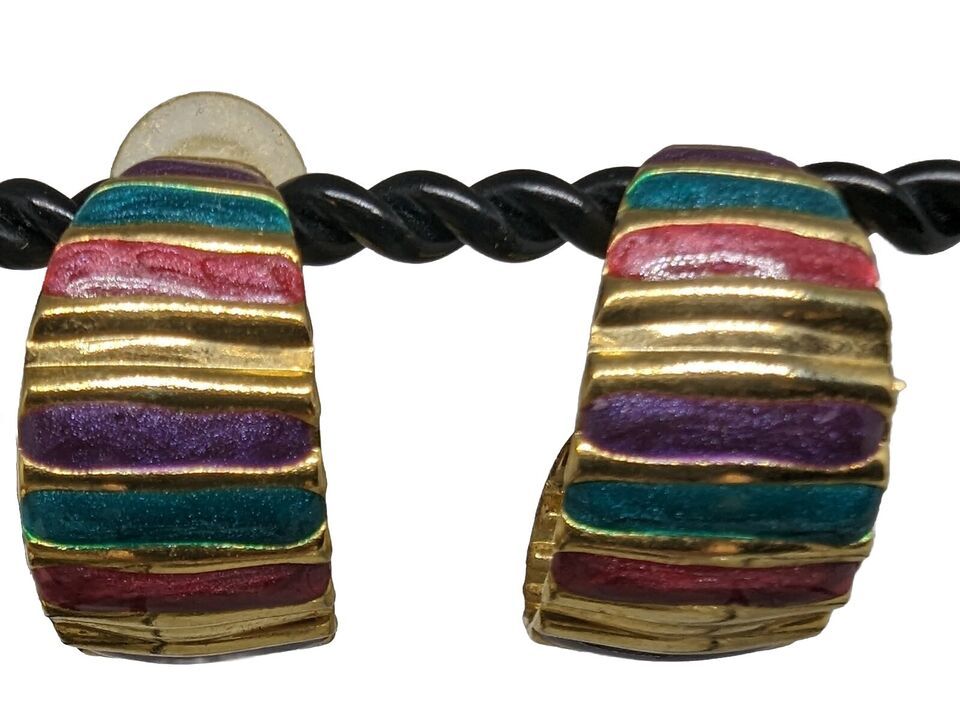 Vintage Rainbow Lined Gold Tone Enamel Half Hoop Stripe Block Pierced Ea... - $11.88