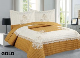 JUANA FLOWERS GOLD COLOR EMBROIDERY BEDSPREAD SET 3 PCS KING SIZE - $56.42