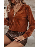 Chestnut Half Zip V Neck Ribbed Velvet Top - $12.58
