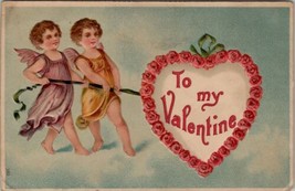 Valentines Greetings Cherubs Rose Heart  Embossed Postcard V2 - £6.23 GBP