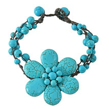 Tropical Chic Flower Blue Turquoise Multistrand Cotton Rope Toggle Bracelet - £11.25 GBP