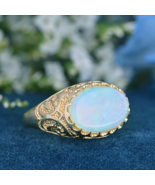 Natural Opal Vintage Style Carved Ring in Solid 9K Yellow Gold - £991.59 GBP