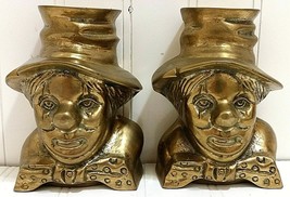 Vintage CLOWN Brass Bookends Pair 2x 5” Tall Crunched Top Hat Polka Dot Bow Tie  - £23.16 GBP