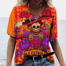 Dia de los muertos skull gothic steampunk Women&#39;s T Shirt Tops V Neck Ca... - £7.85 GBP