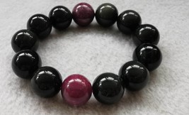 Raw Ruby Bracelet, Genuine Ruby &amp; rainbow Obsidian  Bracelet, 8mm to 14mm Round  - $24.50