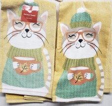 Set Of 2 Cotton Kitchen Terry Towels(16x26&quot;)FALL Cat With Leaves Coffee Cup,Ritz - £12.68 GBP