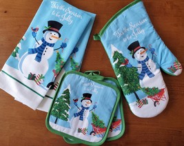 Christmas Kitchen Linen Set 5pc Towels Mitt Pot Holders Snowman Blue Holiday