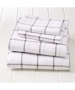 4 Piece Grey Windowpane Plaid Flannel Sheet King Set Gray Check Window Pane - $86.12