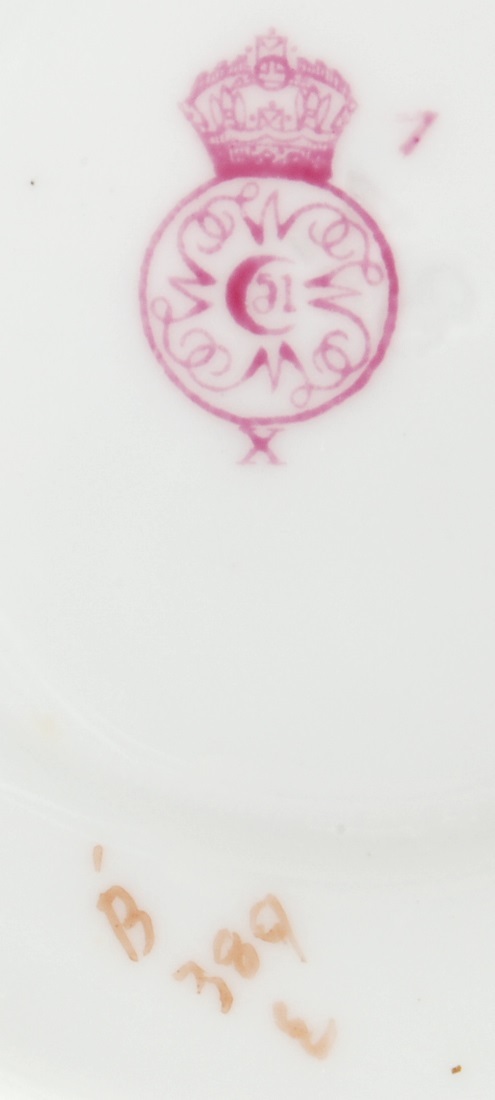 1886 Royal Worcester Pink Demitasse Saucer B389 Oriental Blue Willow Gold Trim Item image 4