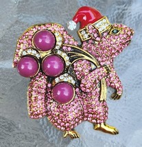 Austrian Crystal Christmas Squirrel in Santa Cap Pink Resin Multi Color Brooch - £10.00 GBP