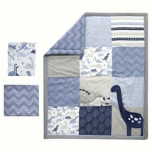 Dinosaur 3-Piece Crib Bedding Set Blue Grey Baby Boys Nursery Blanket Sheet Boy - £52.18 GBP