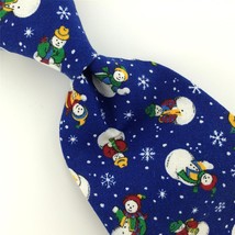 Vtg Season Greeting Blue Snow Man Christmas Cotton Handmade Neck Tie #XO-440 - £15.53 GBP