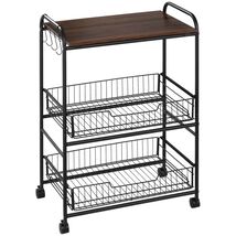 HOMCOM 3-Tier Rolling Kitchen Cart with Baskets, Hooks, Walnut - $98.99