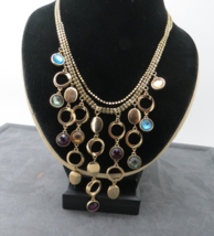 Dangle Bib Necklace Gold Tone 21&quot; Long Glass Cushion Cut Stones Bezels F... - $9.89