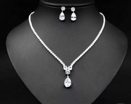 3Ct Pear Cut Simulated Diamond Women&#39;s Necklace Earring&#39;s 925 Silver Gold Plated - £256.00 GBP