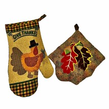 Fall Set Potholder Mitt Brown Give Thanks Leaves Autumn - £8.54 GBP