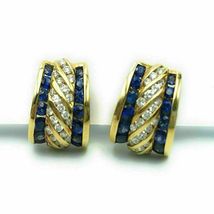 2.80Ct Blue Sapphire &amp; Diamond Omega Back Hoop Earrings 14K Yellow Gold Over - £81.59 GBP