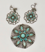 Silver Tone Faux Turquoise Filigree Screw Back Earrings &amp; Pendant - £40.05 GBP