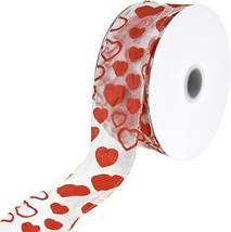 1.5&quot; Flock Heart Organza Wired Edge Ribbon Love Valentine 25 Yard Roll White Org - £29.19 GBP