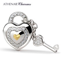 925 Silver with Pave Clear CZ Lock of Love Charm Beads Fit All European Bracelet - £43.30 GBP