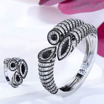 Silver Plated Chunky Statement Cuff Bracelets Bangles Ring Black CZ Jewelry Set - £114.27 GBP